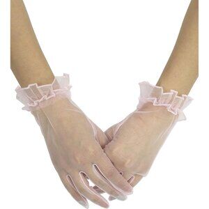 Women's Light Pink Ruffled Tulle Mesh Evening Short Gloves Wedding Party Prom